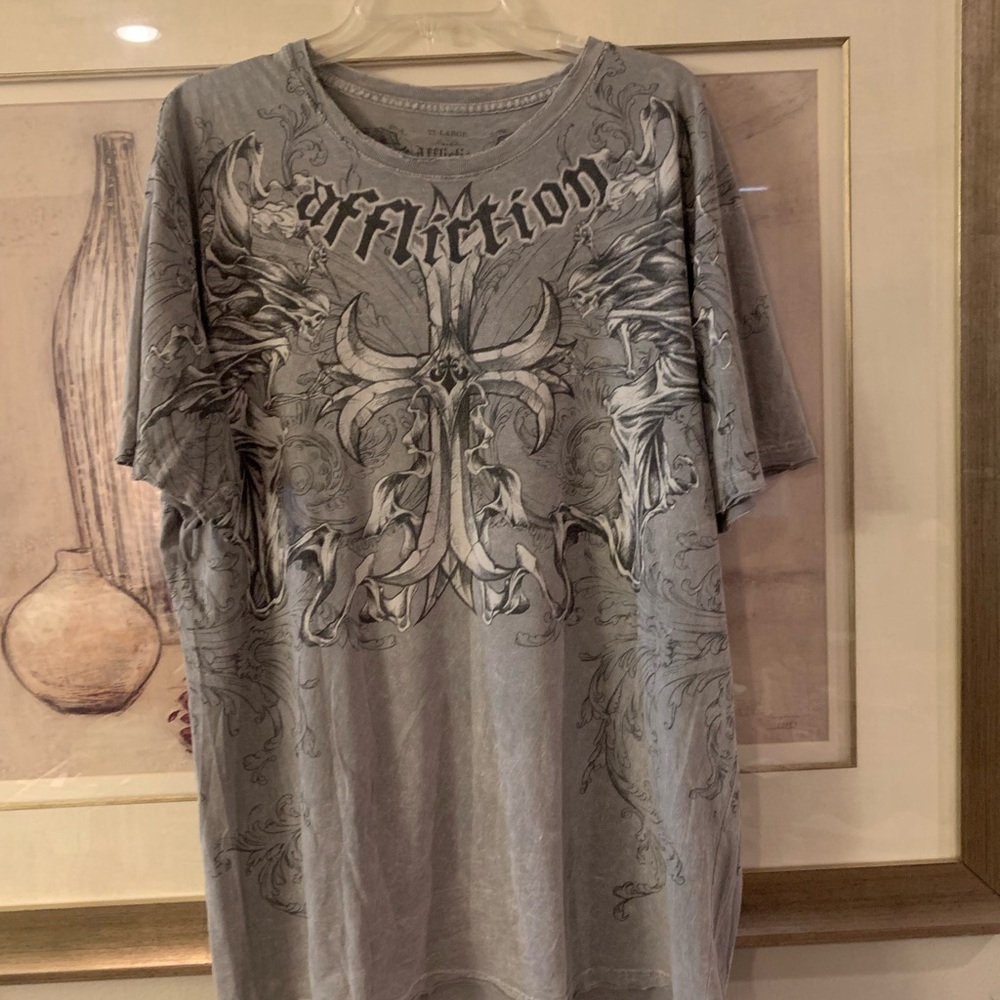 Affliction Rare Jealous Souls Flames Ghost Cross Gray T shirt Y2K